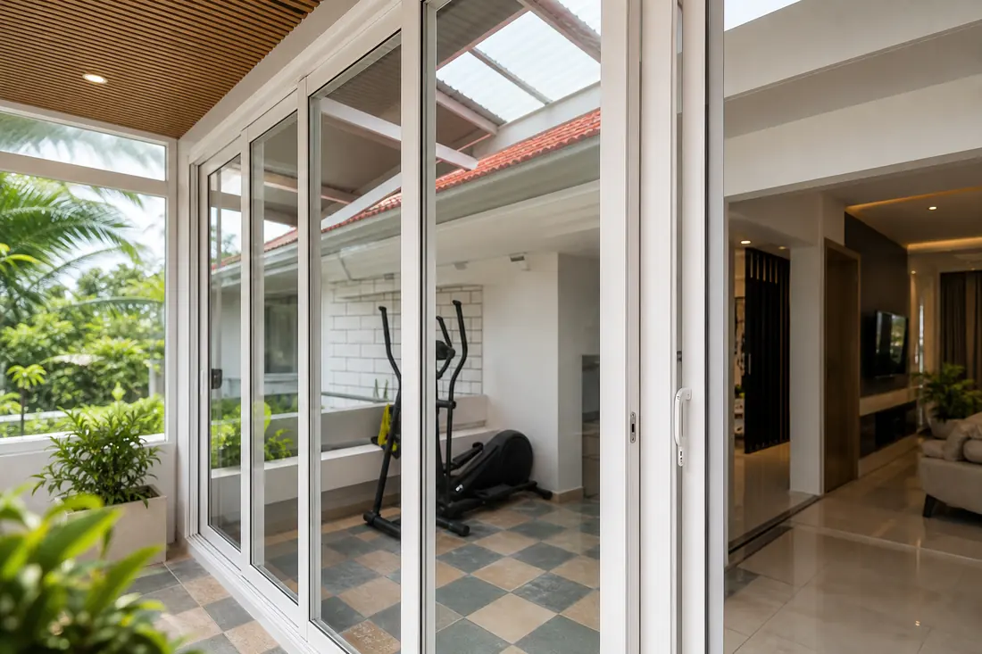 Premium UPVC sliding balcony door opening to a finished residential terrace