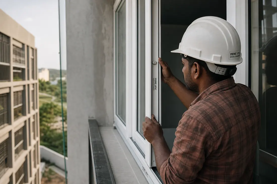 Close-up of installed UPVC casement window frame, glass and site fitting detail
