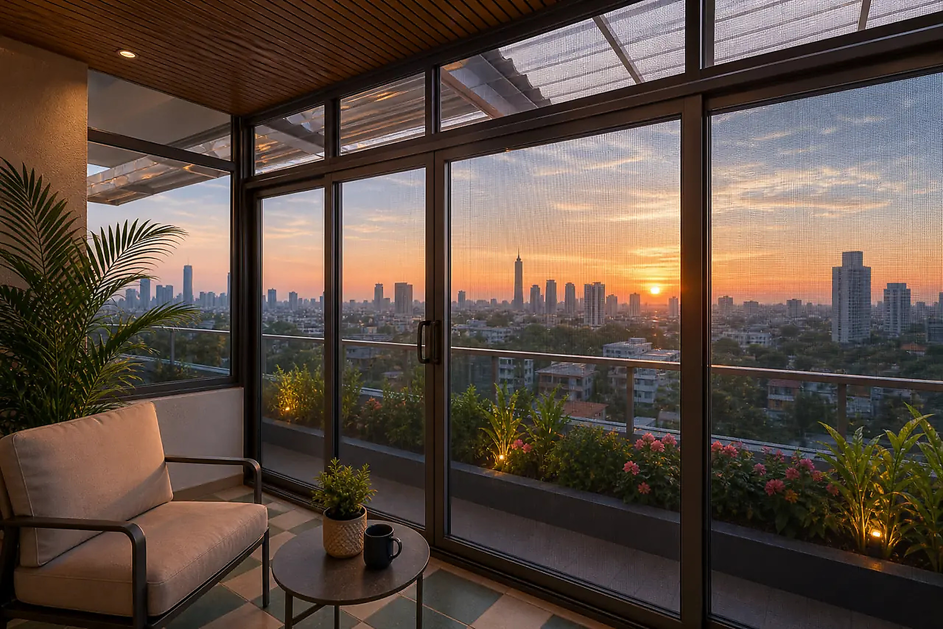 Premium UPVC sliding balcony door system with city views, installed by Sunrise UPVC and Metal Fabricators
