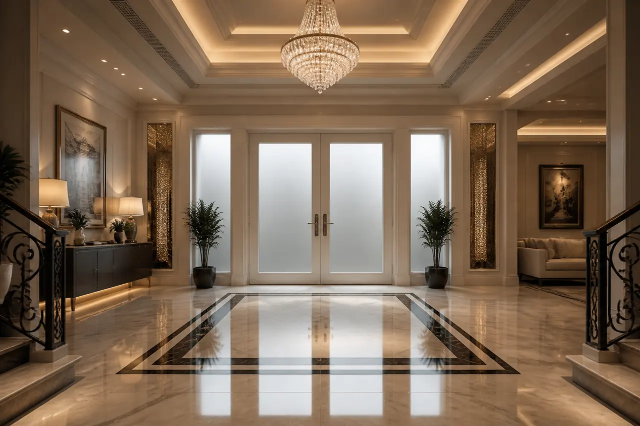 Commercial building entrance with installed UPVC glazing systems